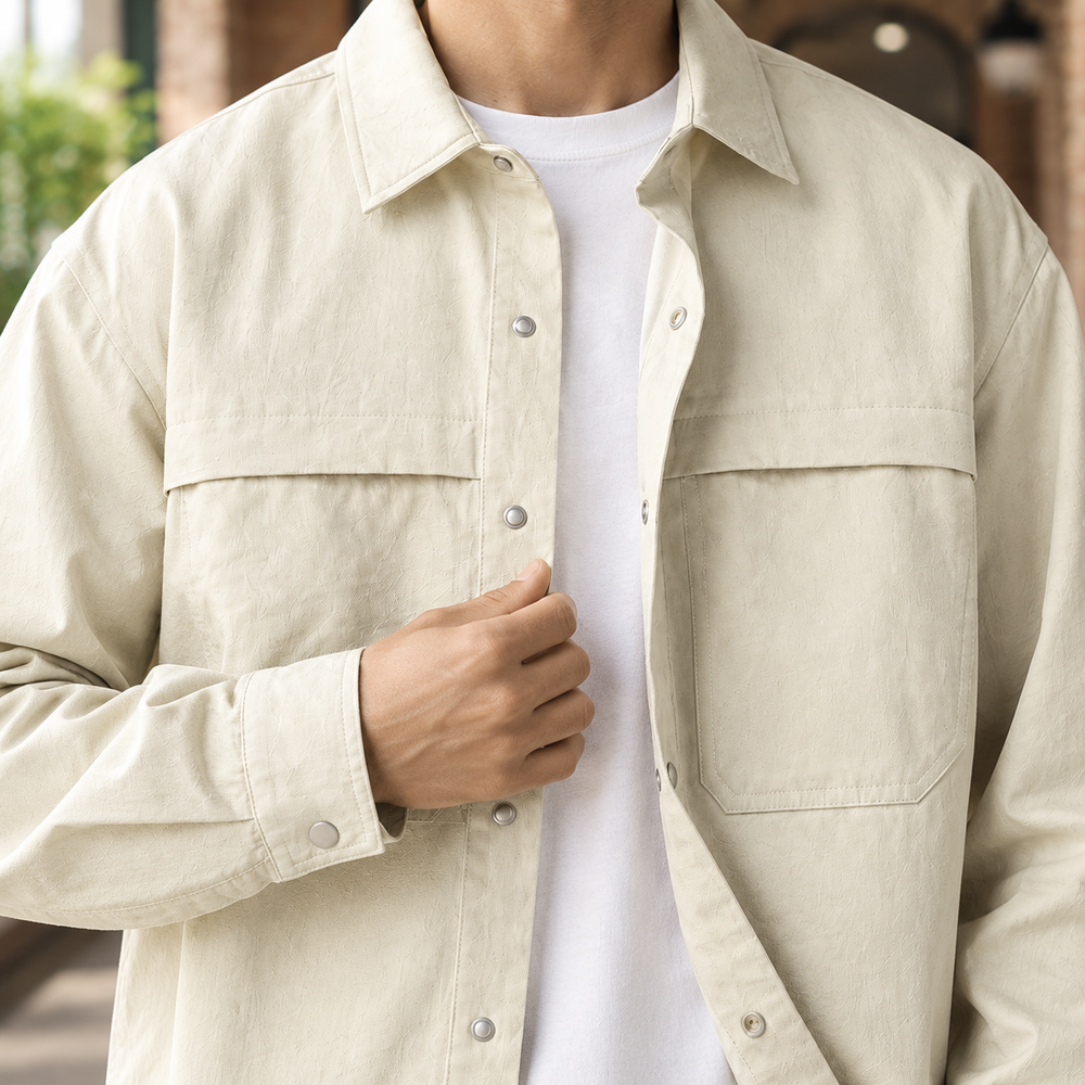 Men's utility overshirt displaying its relaxed fit and button-front design