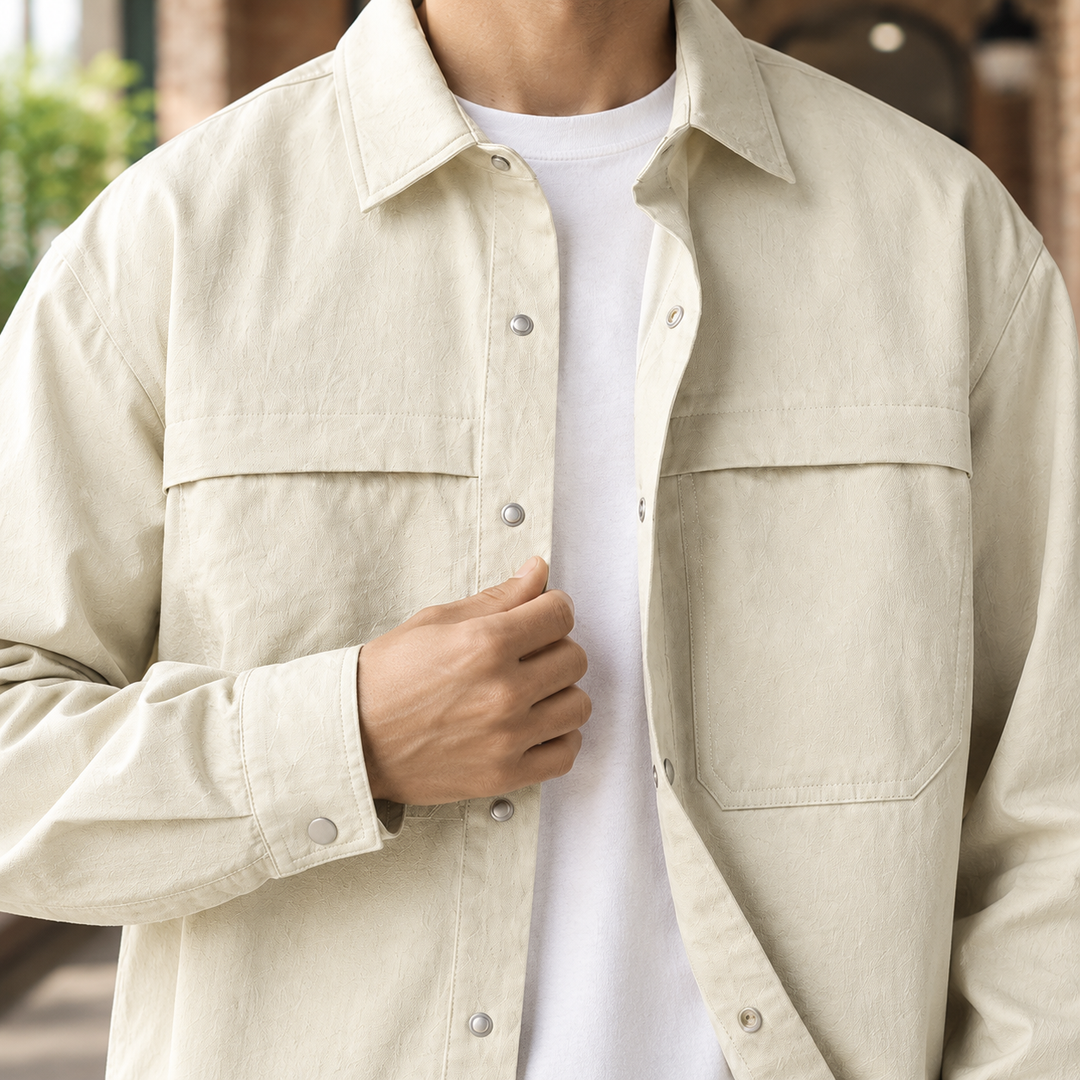Men's utility overshirt displaying its relaxed fit and button-front design