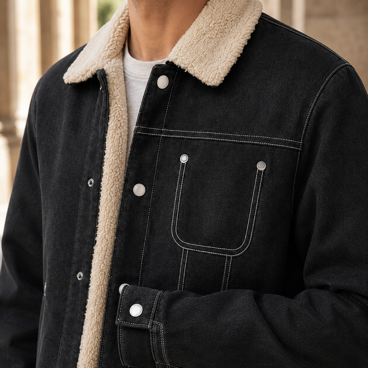 Close-up of the snap front fastening on a men's fleece-lined jacket