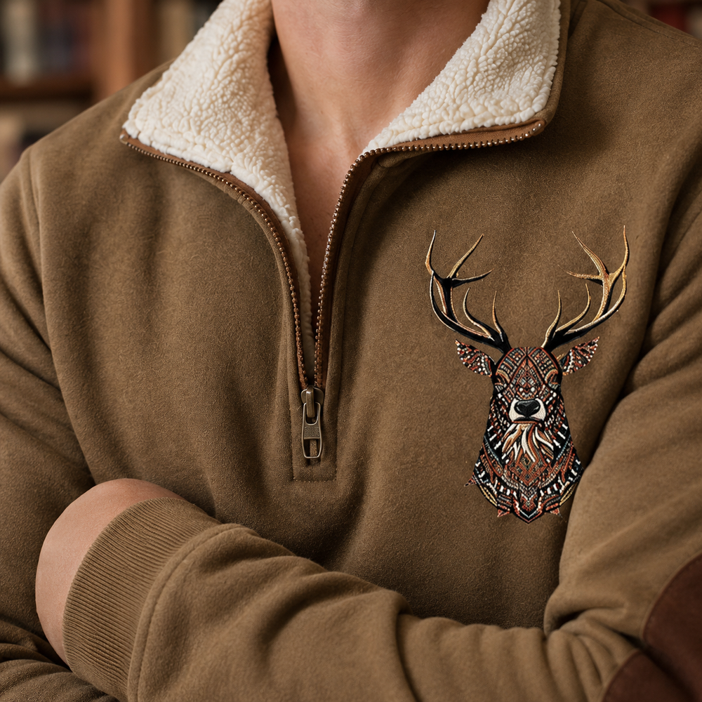 Close-up of the quarter-zip neckline and knitted texture on the men’s jumper