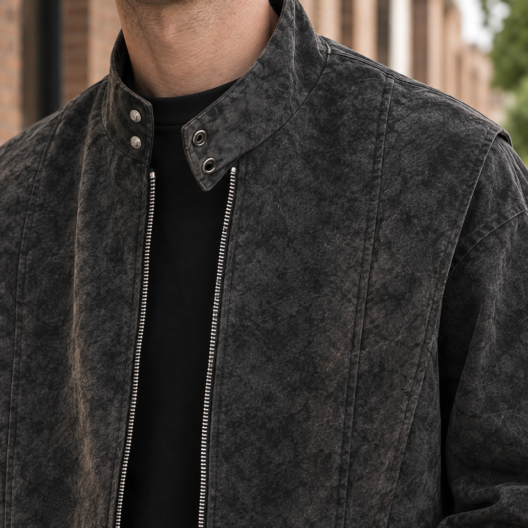 Close-up of the brushed fabric and stand collar on a men’s jacket