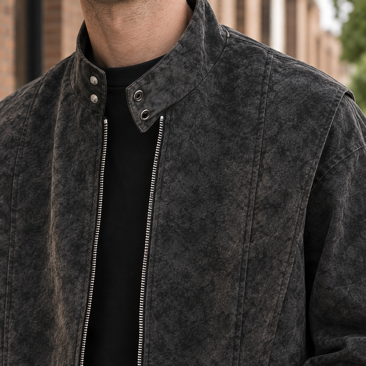 Close-up of the brushed fabric and stand collar on a men’s jacket