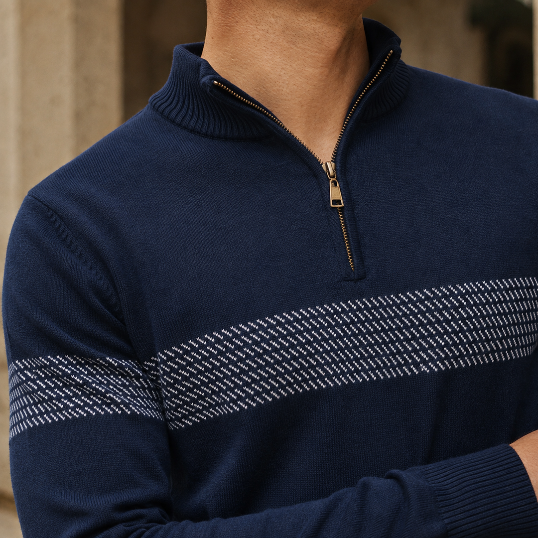 Men's knit sweater showing the quarter zip neckline and chest stripe