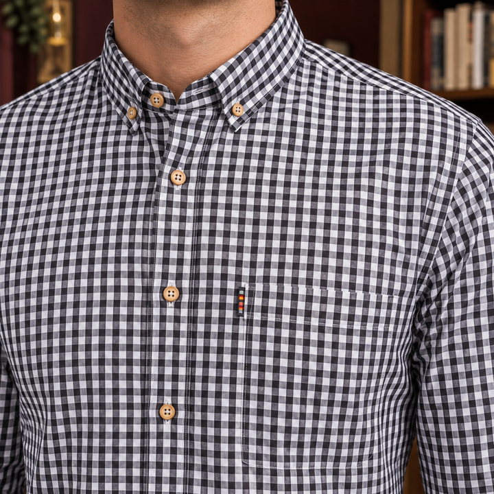 Front view of a men's cotton gingham shirt with button fastening