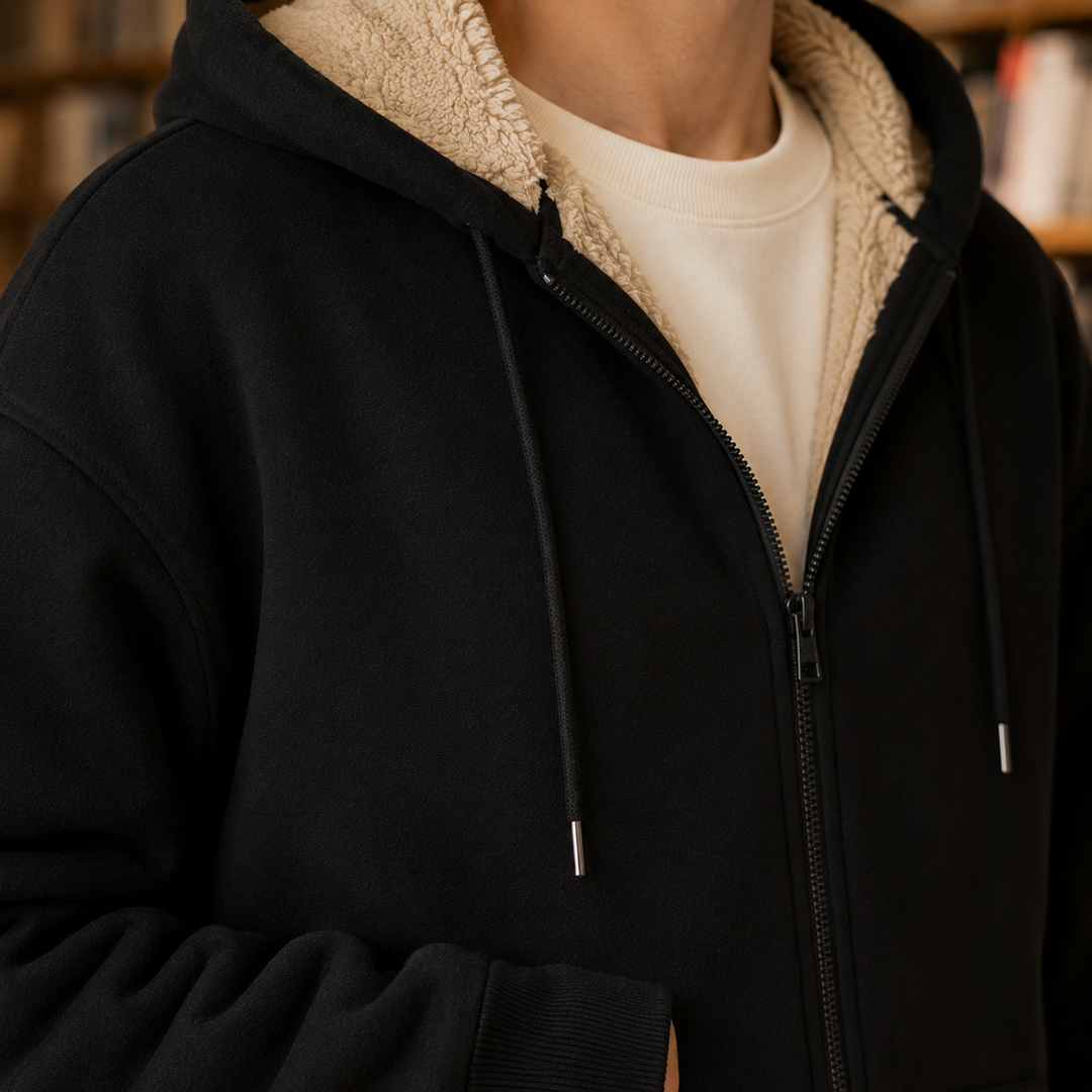 Close-up of the soft sherpa lining inside a men's full-zip hoodie