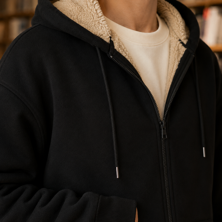 Close-up of the soft sherpa lining inside a men's full-zip hoodie