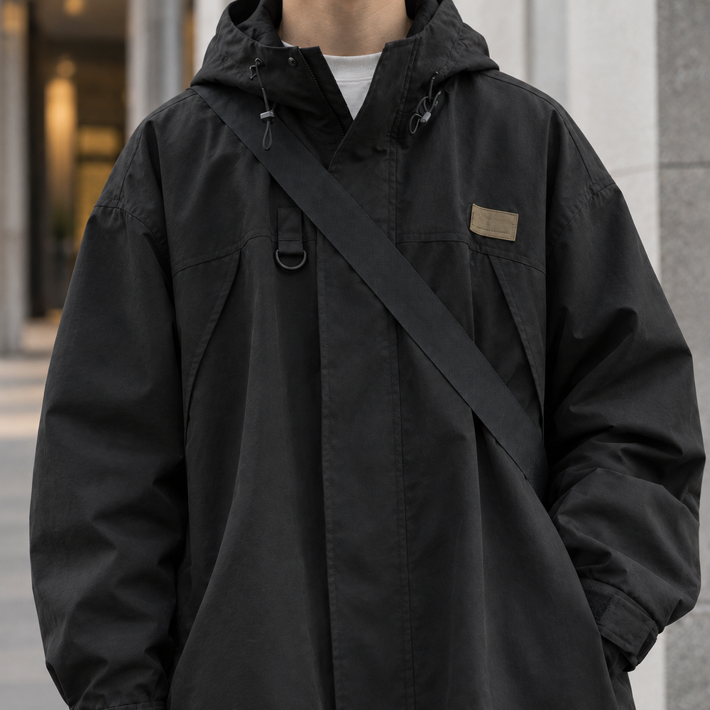 Men's hooded jacket displaying the hood and woven outer fabric