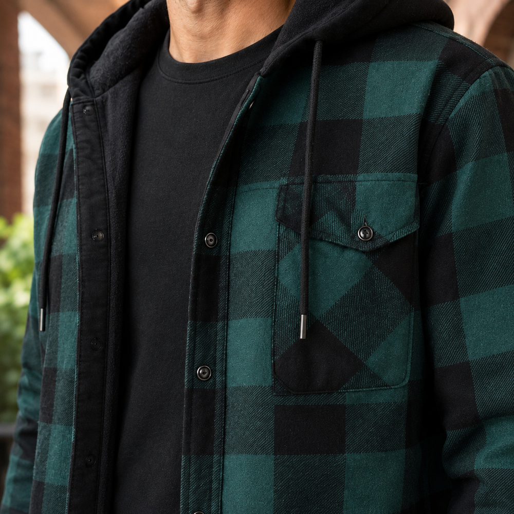 Men's brushed denim plaid hooded jacket with hood and button fastening