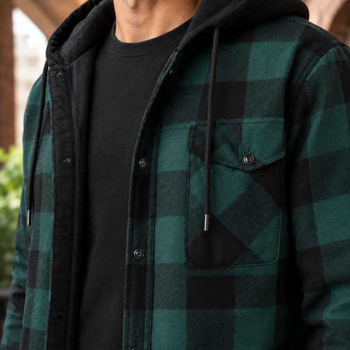 Men's brushed denim plaid hooded jacket with hood and button fastening
