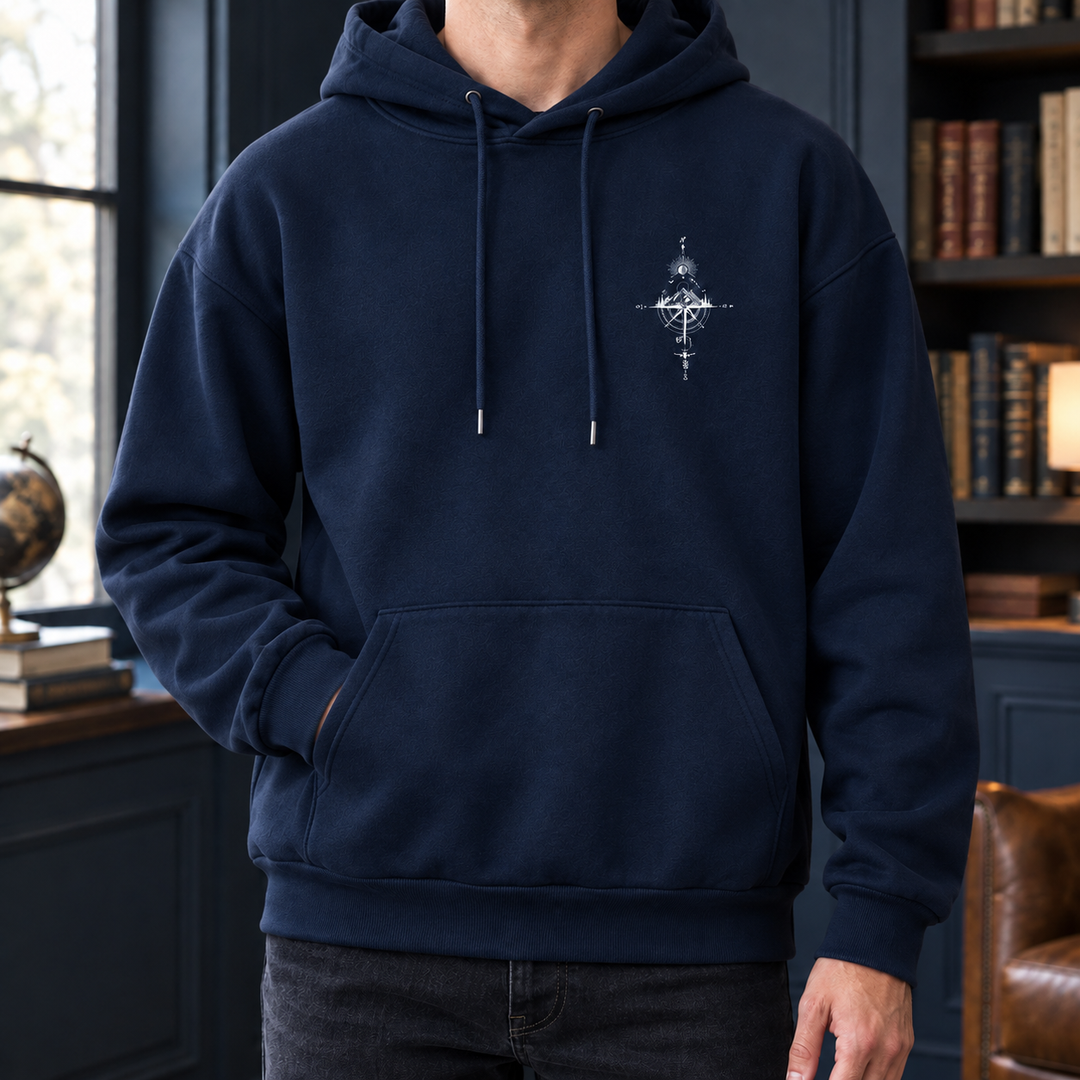 Close-up of the graphic print on a cotton-blend hoodie