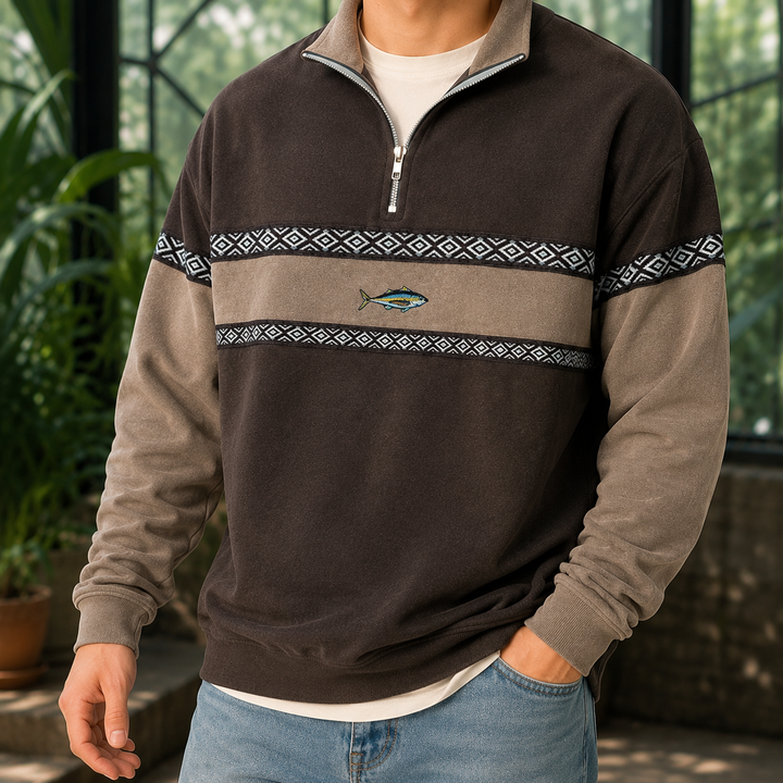 Close-up of the quarter-zip neckline and geometric knit pattern