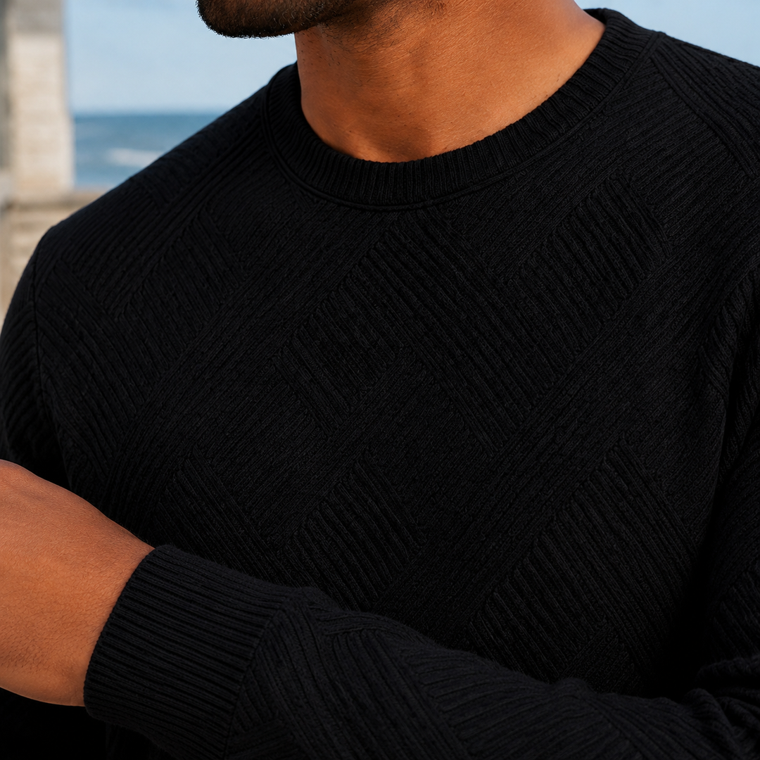 Men's jumper showing the crew neckline and textured finish