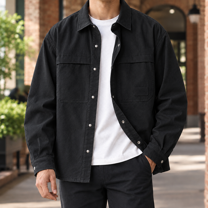 Close-up of the woven blend fabric and utility detailing on the overshirt