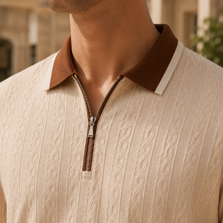 Half-zip neckline and polo collar on the men's textured top