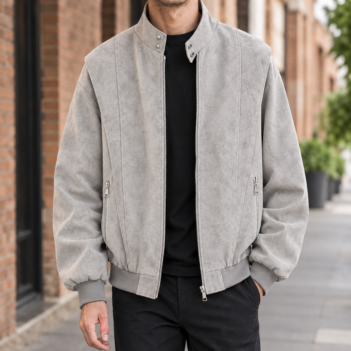 Men’s brushed stand collar jacket shown from the back with a clean fit