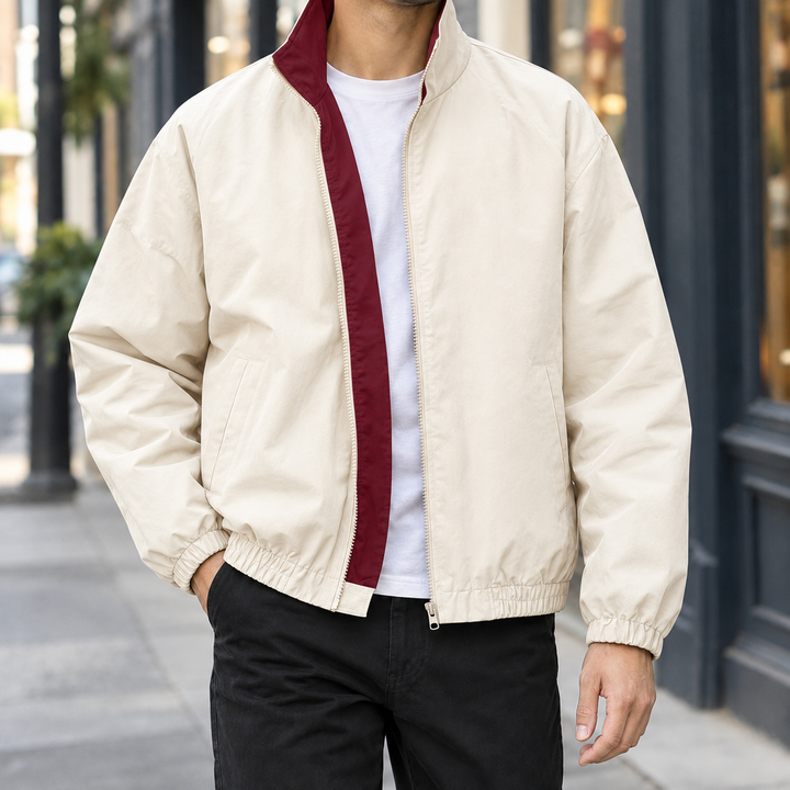 Close-up of the contrast detail on a men's woven jacket