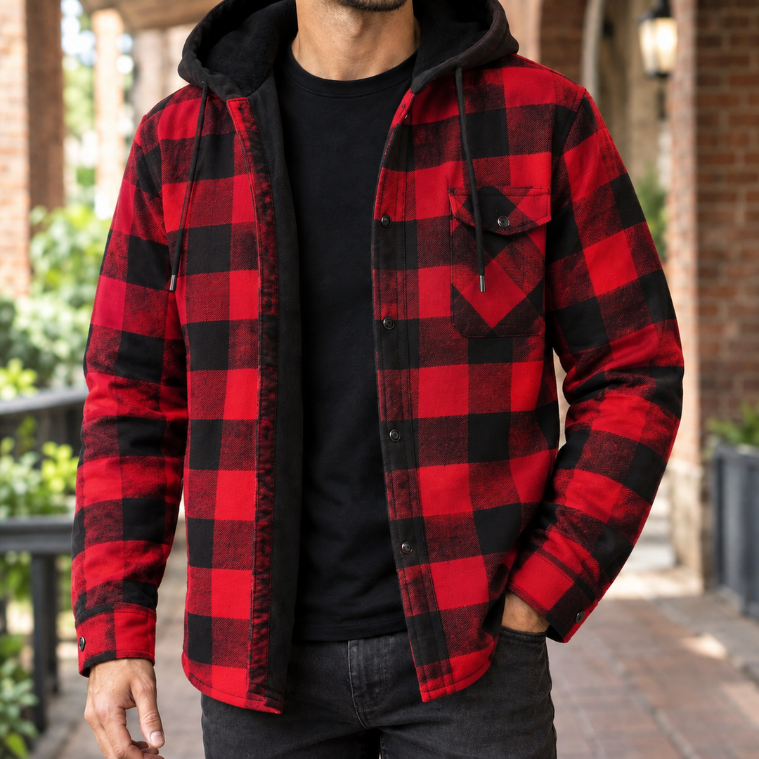 Men's Brushed Denim Plaid Hooded Jacket