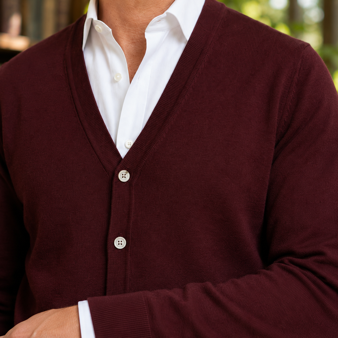 Close-up of the V-neck detail on a men's knit sweater
