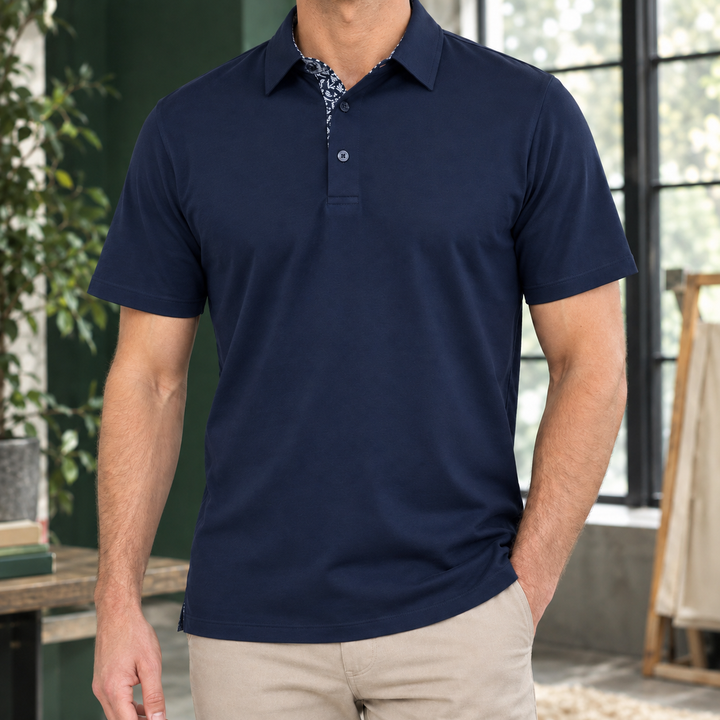 Men's Contrast Collar Woven Polo Shirt