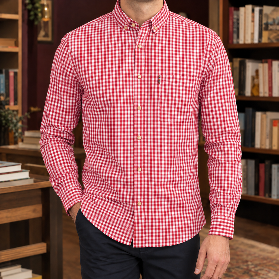 Close-up of the gingham cotton fabric and button detail