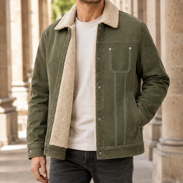 Soft fleece lining visible inside the men's snap front jacket