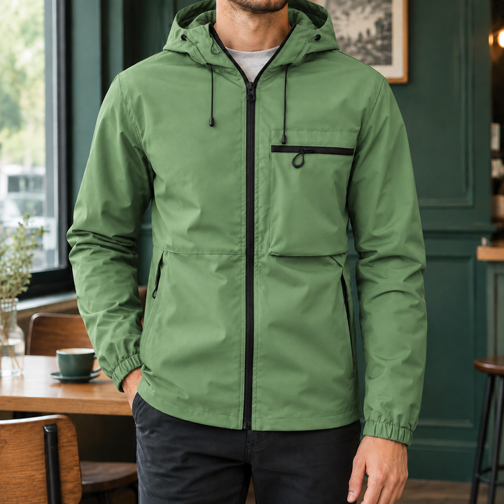 Men's jacket showing the attached hood and zip fastening