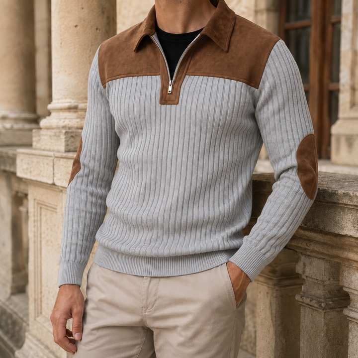 Men's quarter zip sweater showing the contrast yoke detail