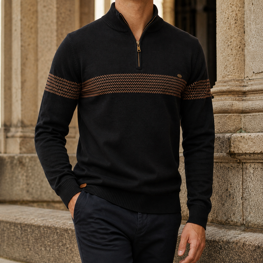 Men's Quarter Zip Knit Sweater With Chest Stripe