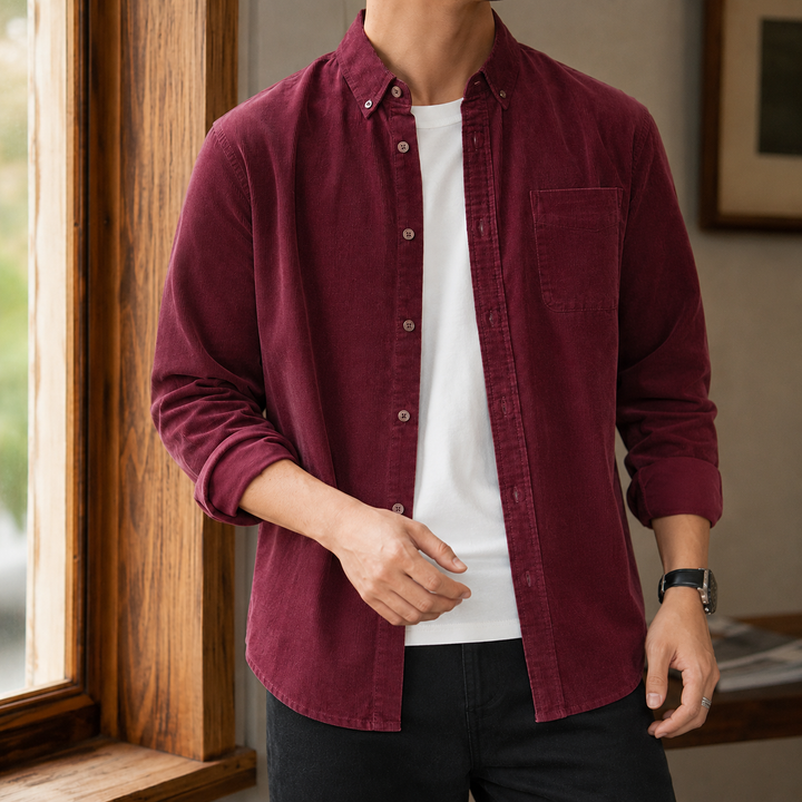 Men's overshirt showing the collar, button fastening and chest pocket
