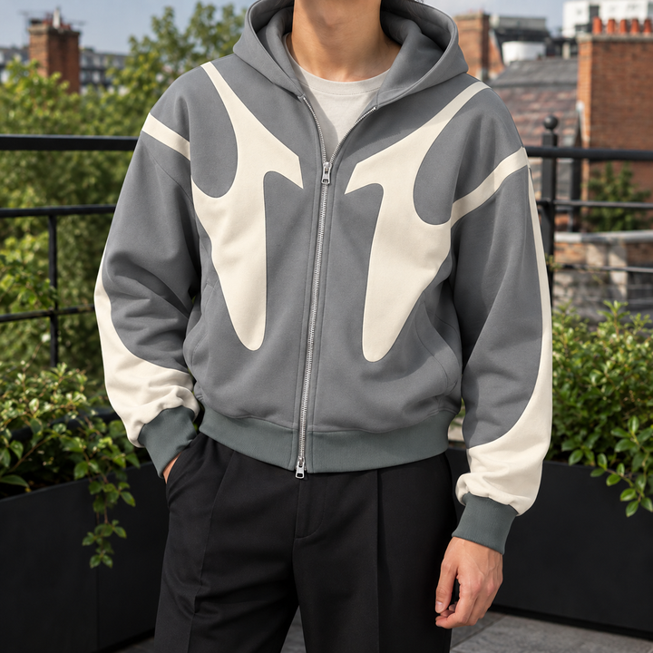 Rear view of a men's contrast panel zip hoodie with hood