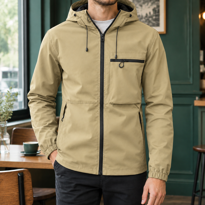 Close-up of the woven fabric and full-zip front on a men's jacket