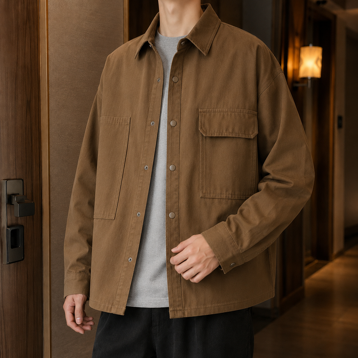 Men's cotton blend utility jacket shown from the back