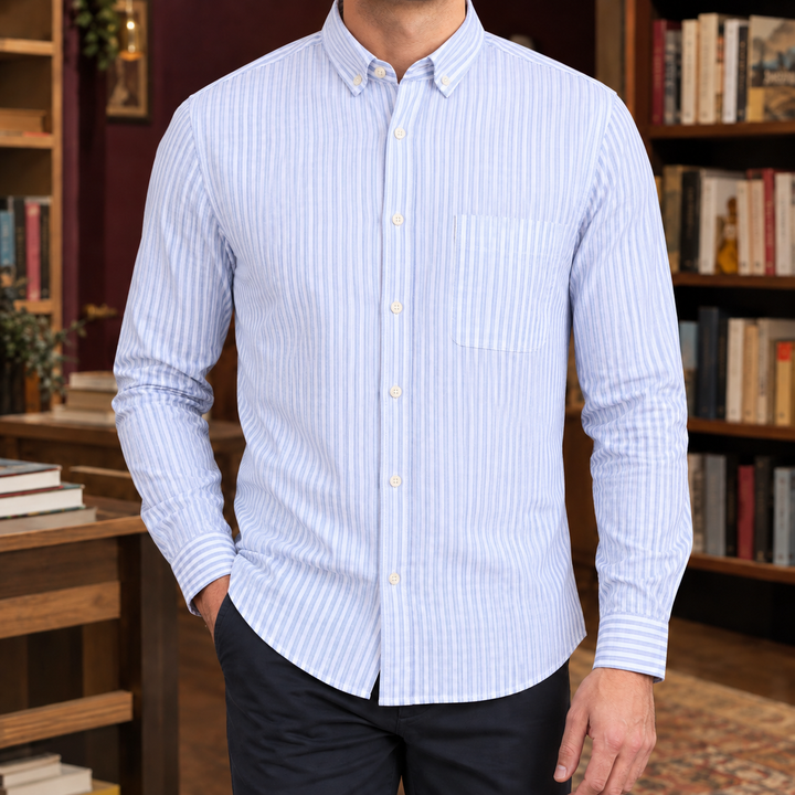 Men's gingham shirt collar and top buttons shown in detail