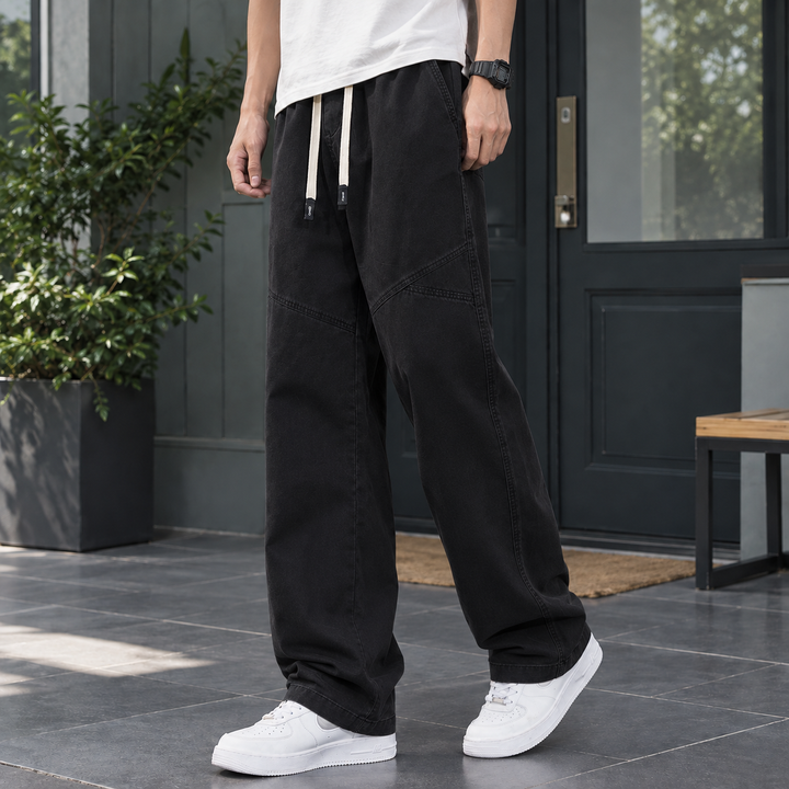 Side view of men's cotton straight leg trousers