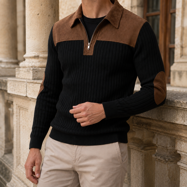 Men's Ribbed Quarter Zip Sweater With Contrast Yoke