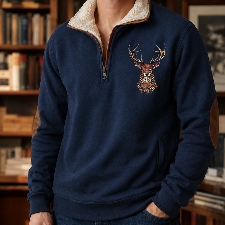 Men’s knit jumper showing the quarter-zip fastening and ribbed trim