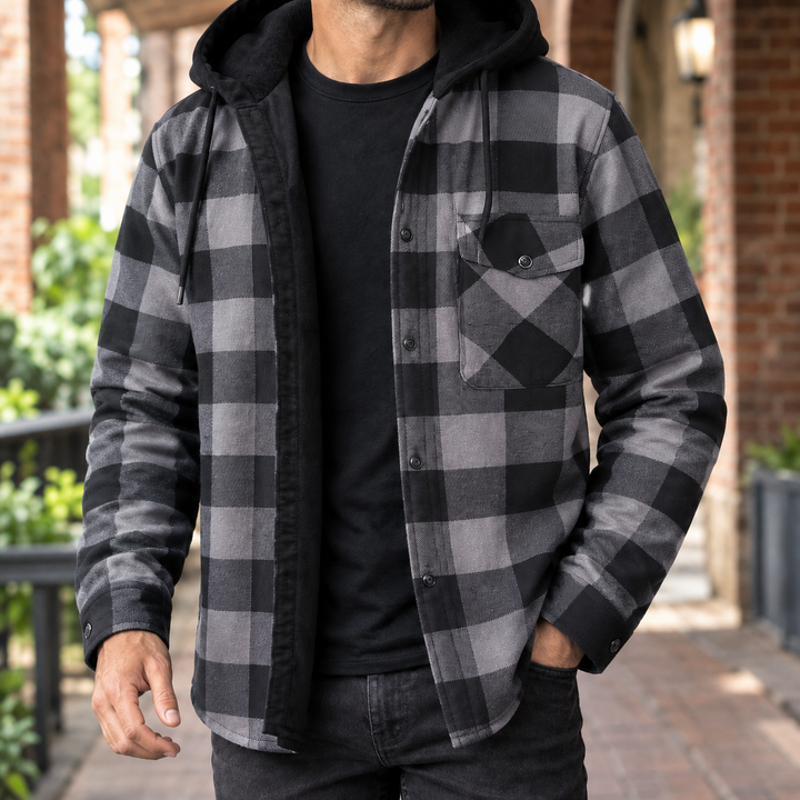 Side view of the men's plaid hooded jacket with long sleeves