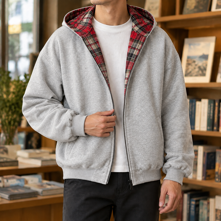 Men's hooded jacket shown from the back with a reversible design