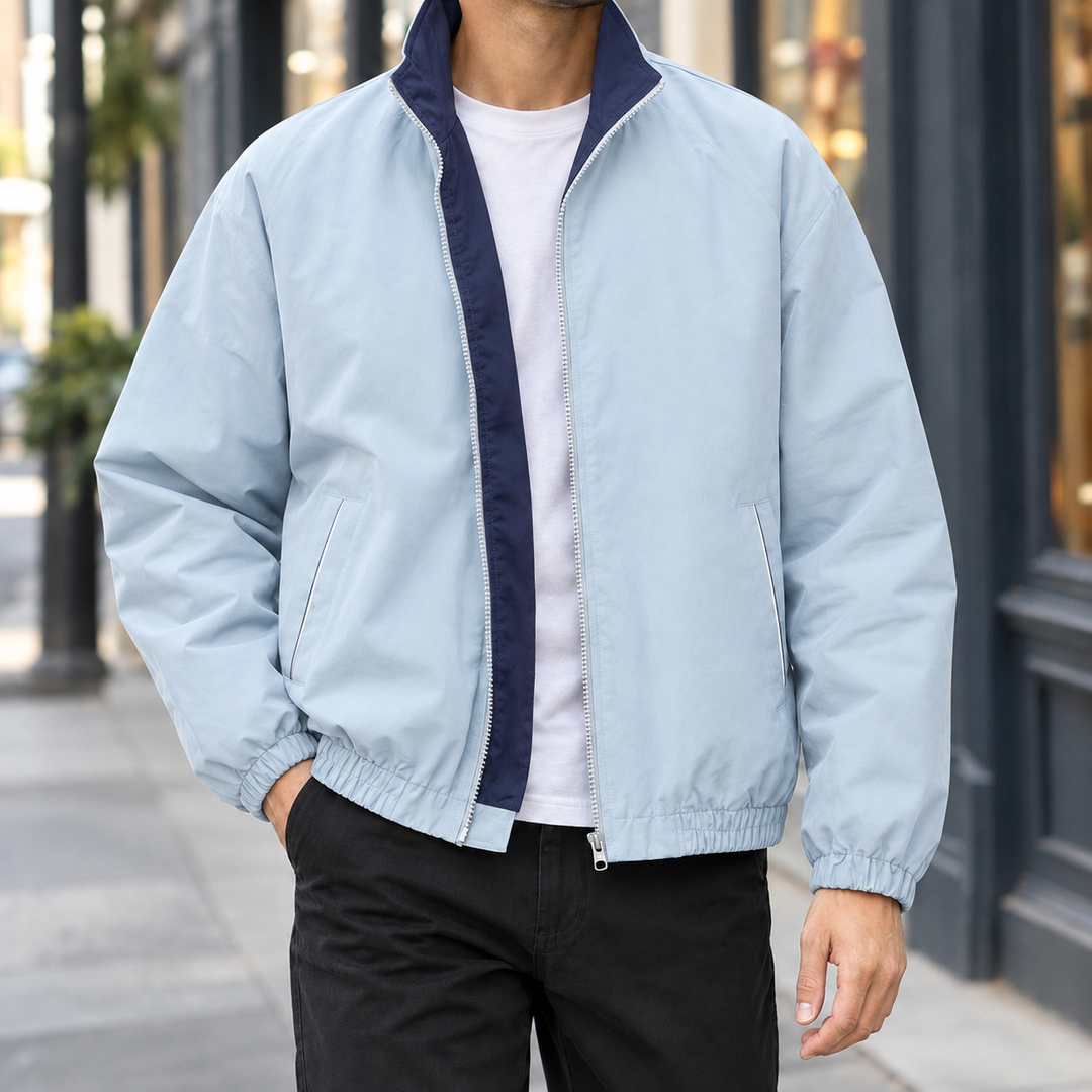 Men's contrast woven jacket shown from the back