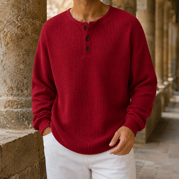 Men's waffle knit Henley sweater showing the long sleeves and cuffs