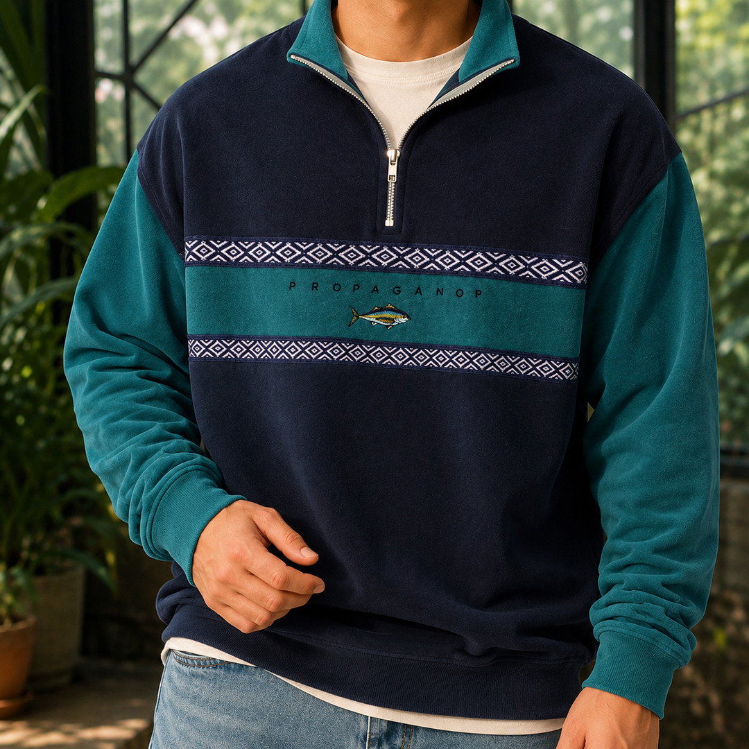 Men's Quarter Zip Knit Sweater Geometric Bands