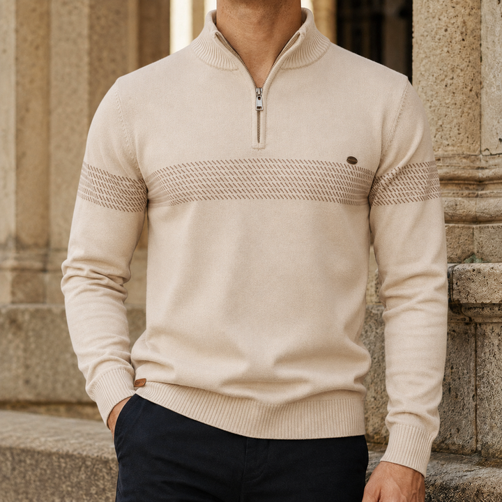 Men's quarter zip knit sweater shown in a smart-casual style