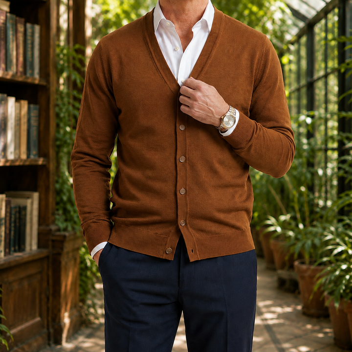 Men's knitted sweater shown in a smart casual outfit