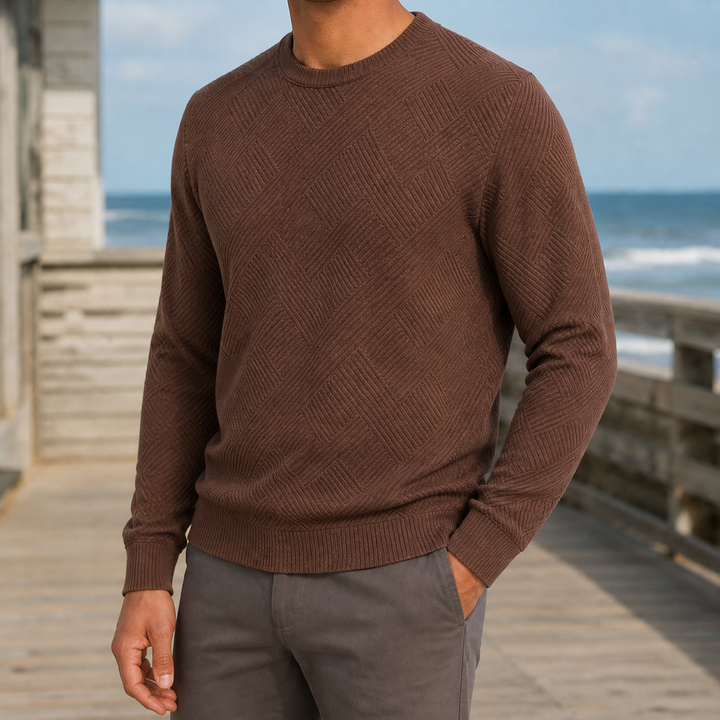 Side view of the men's textured crew neck jumper