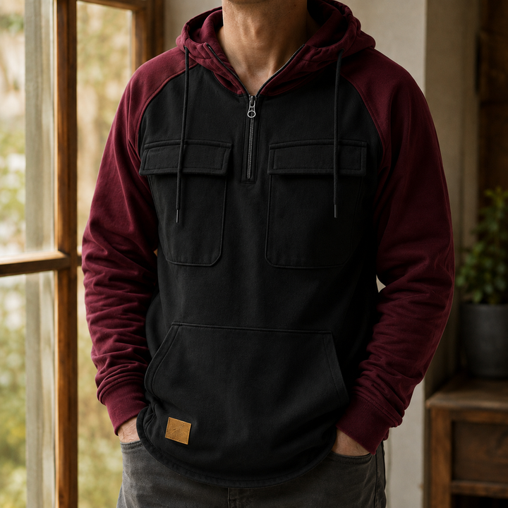 Side view of the men's grey utility half-zip hoodie