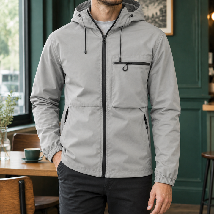 Side view of a men's hooded woven jacket