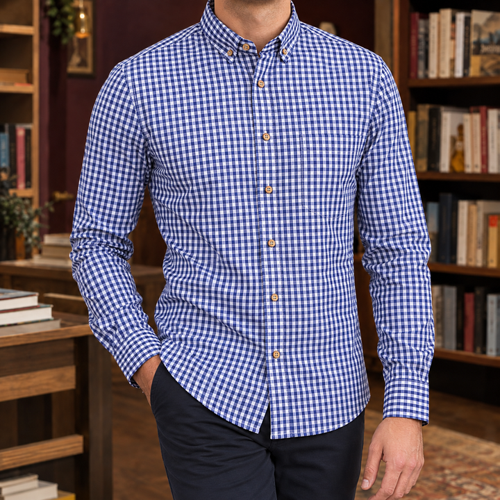 Side view showing the relaxed fit of the cotton gingham shirt
