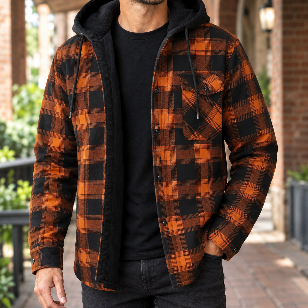 Back view of the men's brushed denim hooded jacket