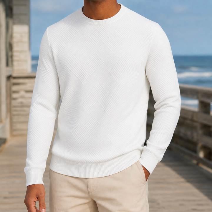 Men's textured crew neck jumper displayed as a versatile layering piece