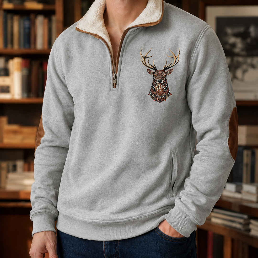 Full view of the men’s deer motif quarter-zip jumper